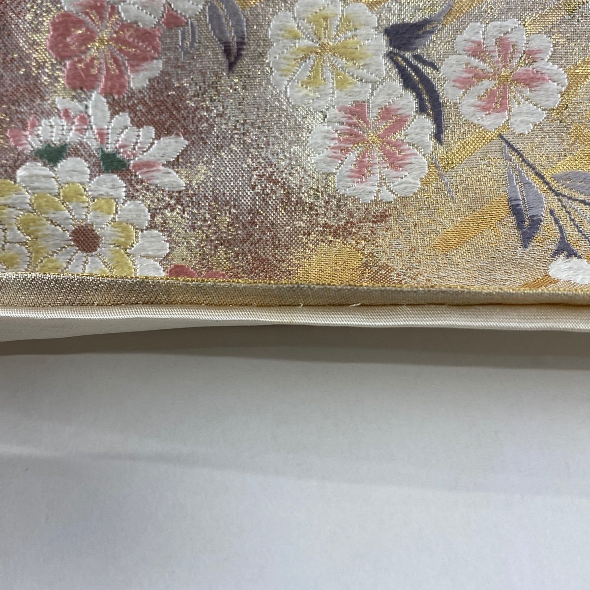 袋帯 美品 秀品 草花 桜 唐織 箔 灰緑 六通 正絹 【中古 