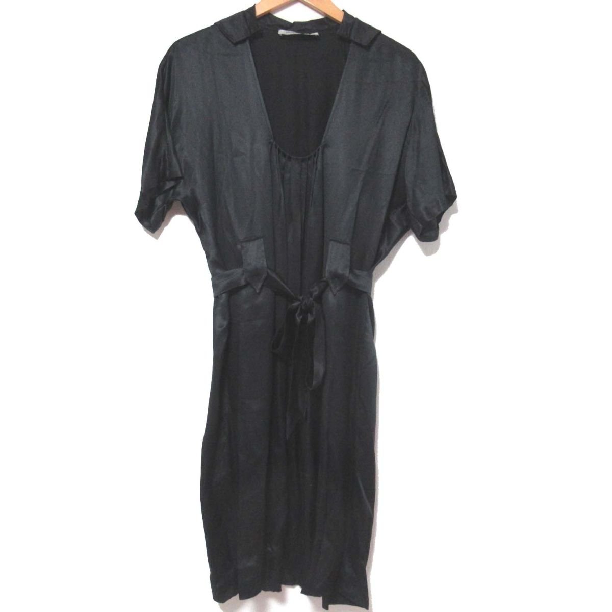 美品 YVES SAINT LAURENT イヴサンローランリヴゴーシュ 半袖 ドルマンスリーブ ひざ丈 シルク シャツワンピース 黒 ブラック C0505