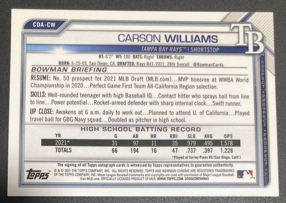 2021 Bowman Draft CDA-CW Carson Williams 1st Bowman Auto カーソン 