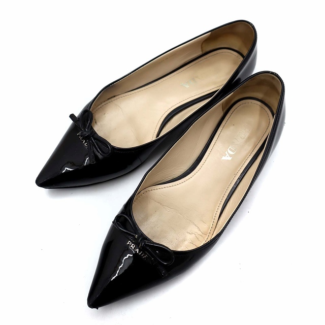 プラダ PRADA ポインテッド エナメル リボンパンプス フラットシューズ