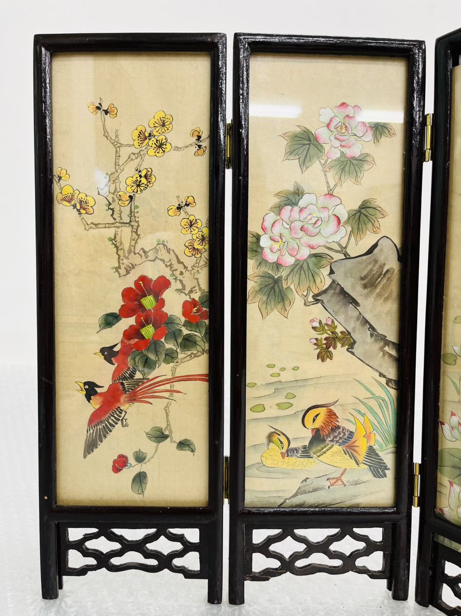 中国美術 美人図 鳥 孔雀 ミニ 屏風 古玩 骨董品 工芸品 アンティーク 