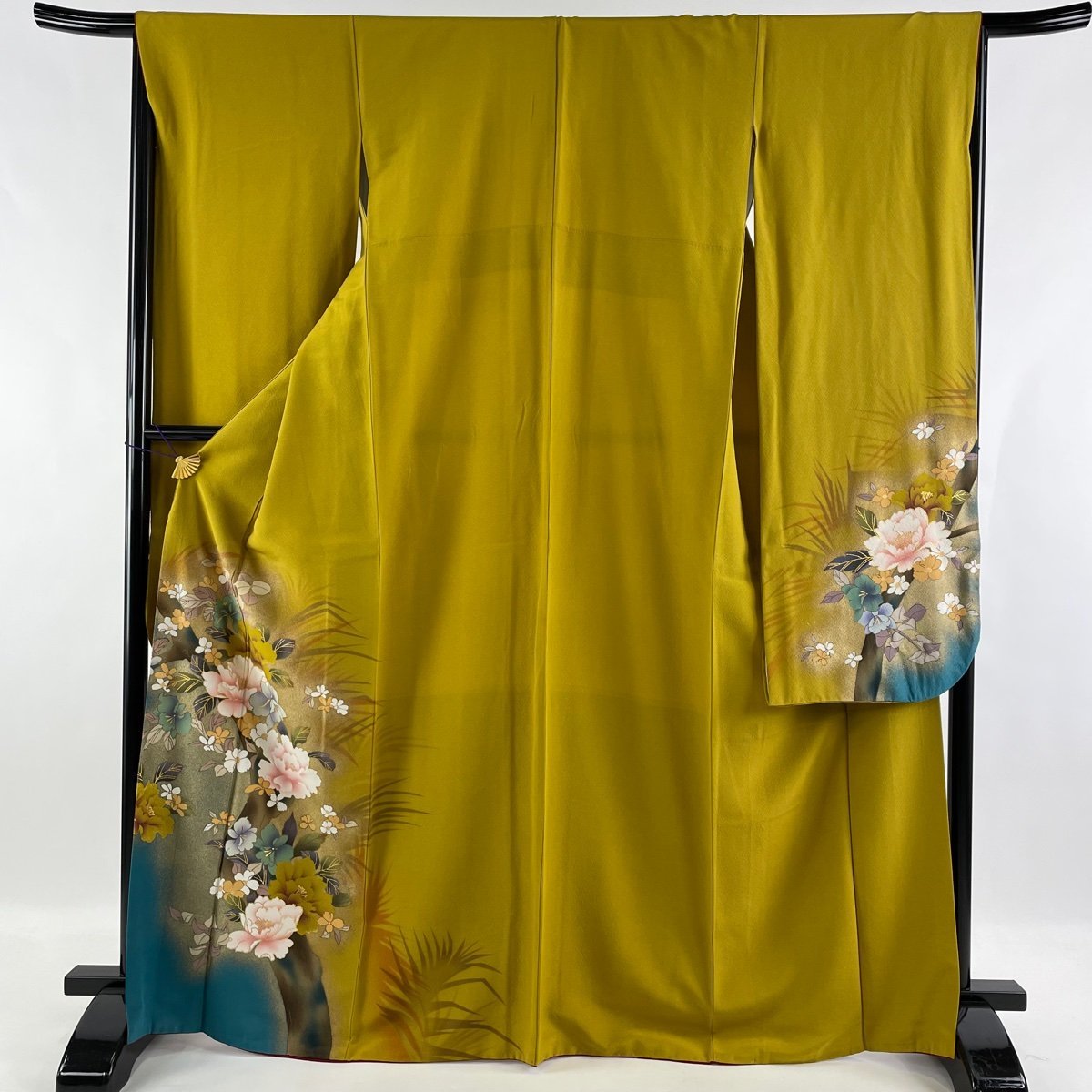 振袖 美品 名品 草花 葉柄 金彩 染め分け 山吹茶色 袷 身丈167cm 裄丈