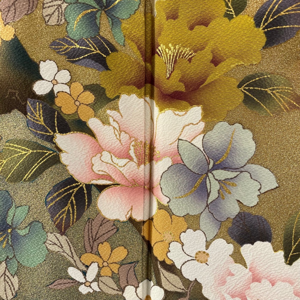 振袖 美品 名品 草花 葉柄 金彩 染め分け 山吹茶色 袷 身丈167cm 裄丈