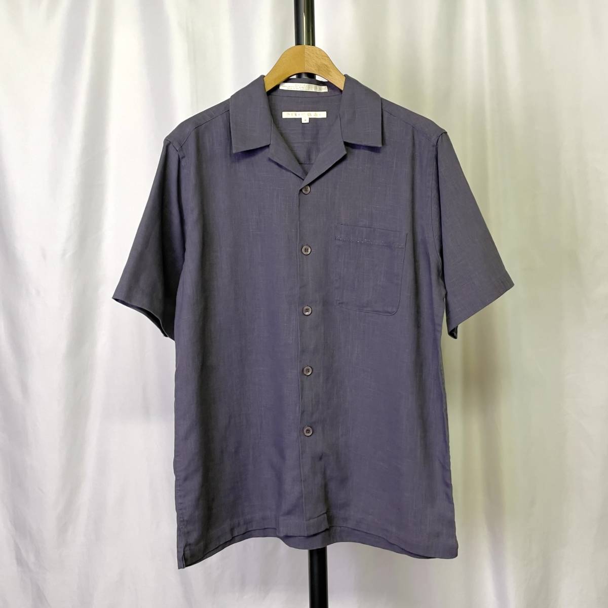 90s PERRY ELLIS リネン カスリ オープンカラー シャツ M パープル 紫