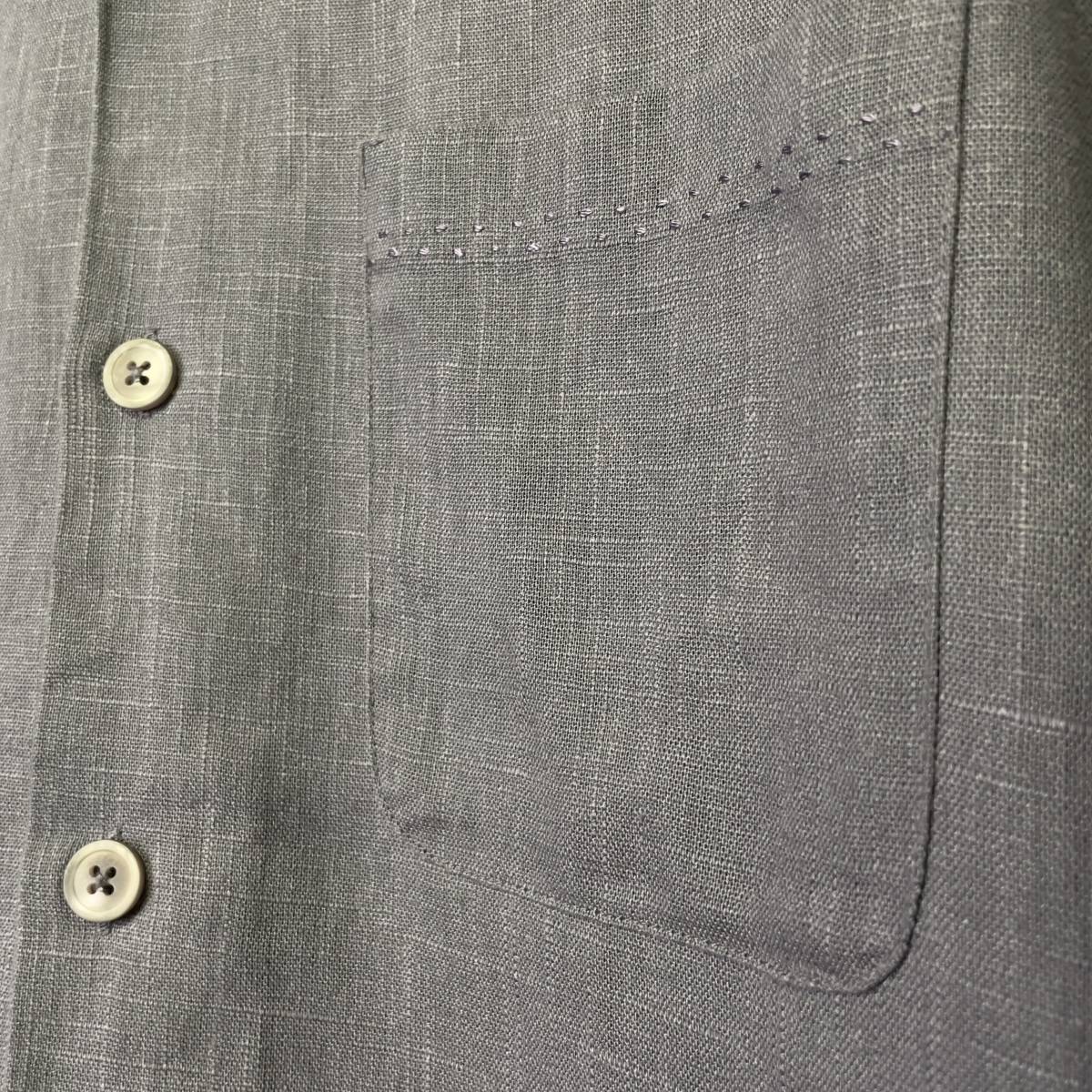 90s PERRY ELLIS リネン カスリ オープンカラー シャツ M パープル 紫