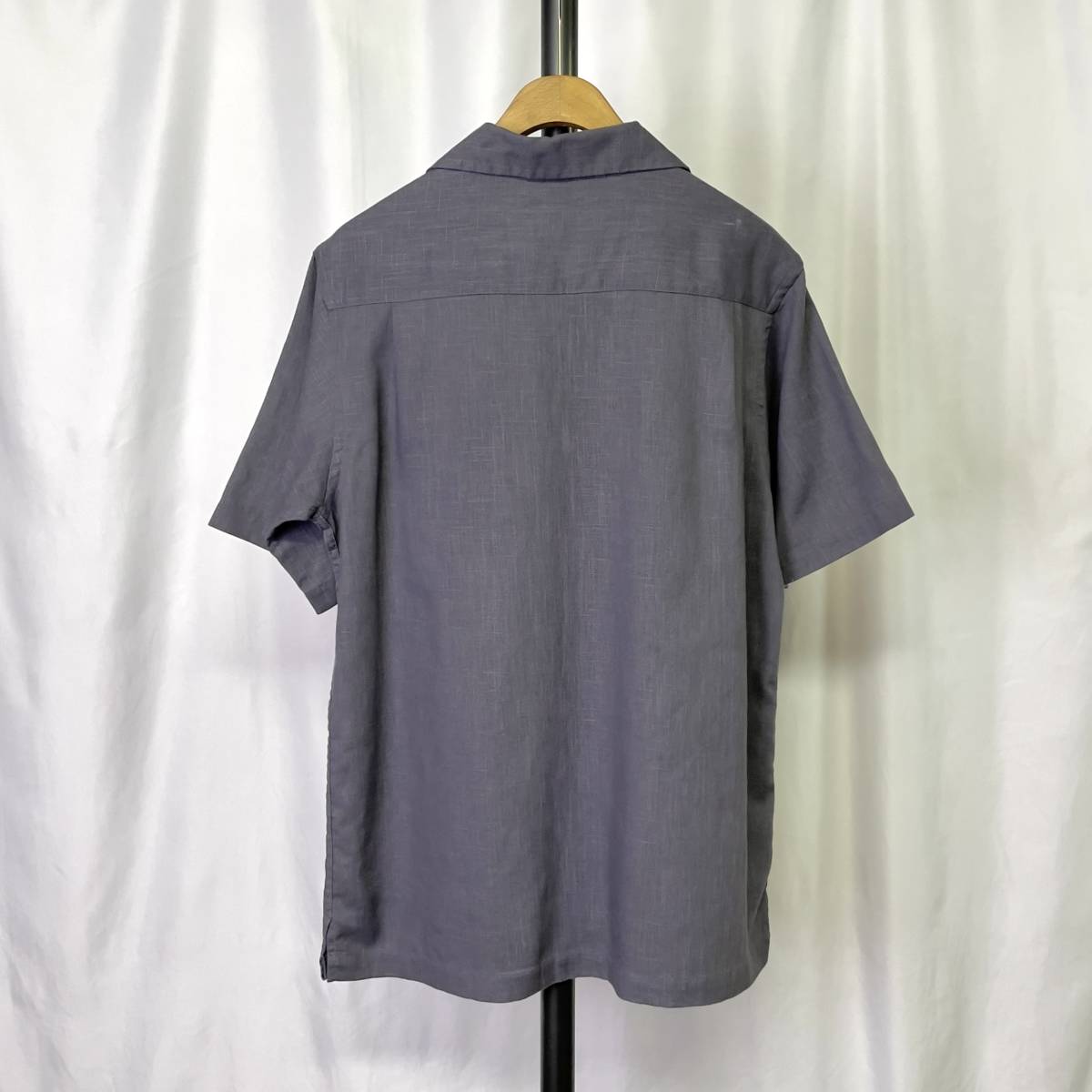 90s PERRY ELLIS リネン カスリ オープンカラー シャツ M パープル 紫