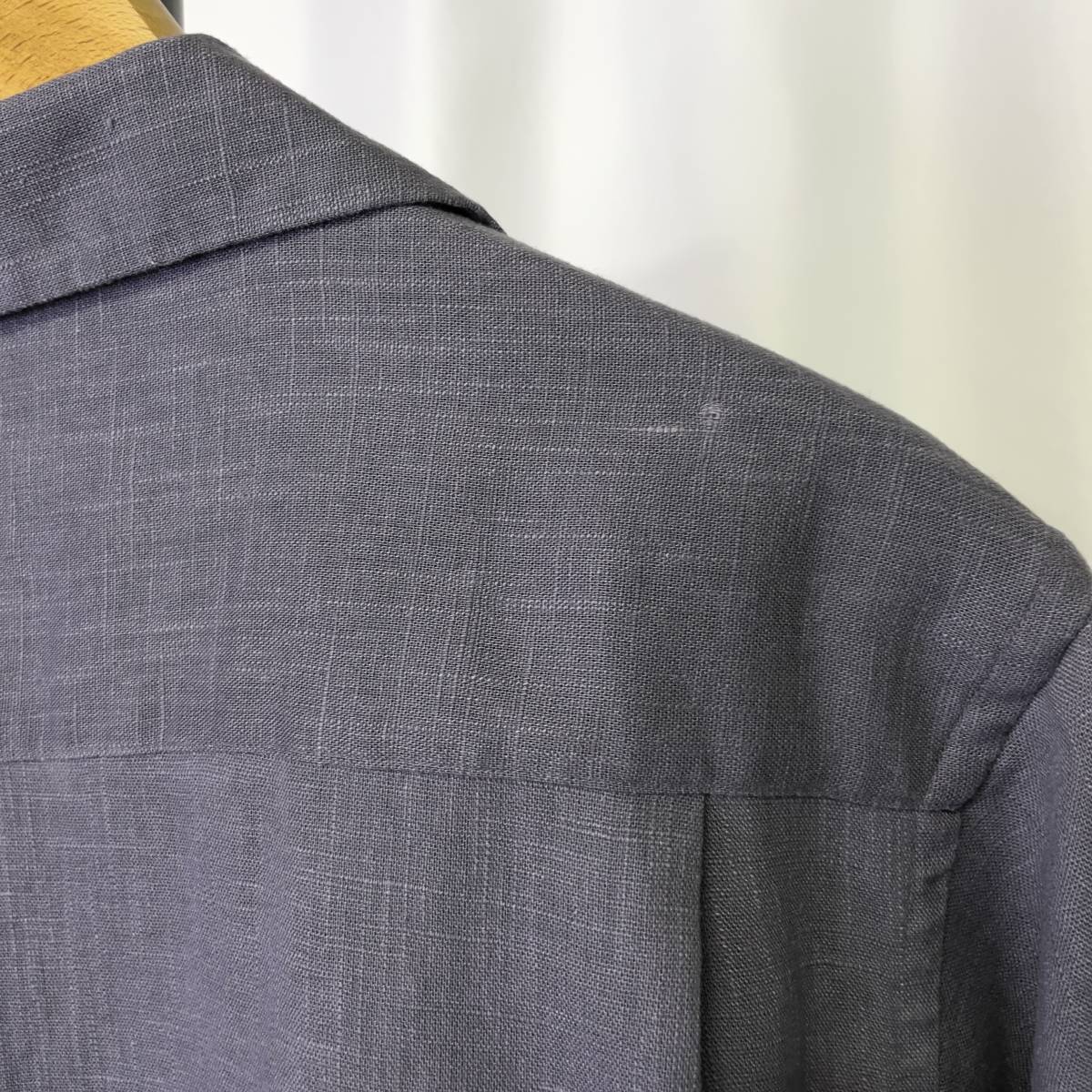 90s PERRY ELLIS リネン カスリ オープンカラー シャツ M パープル 紫