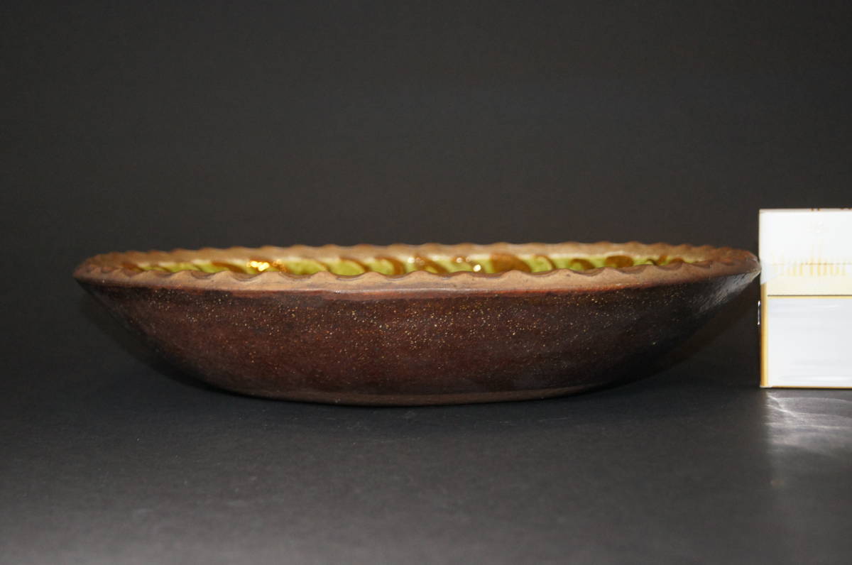 船木研児？ スリップウェア 緑釉 楕円鉢 鉢 大皿 約34.5×29cm 箱無