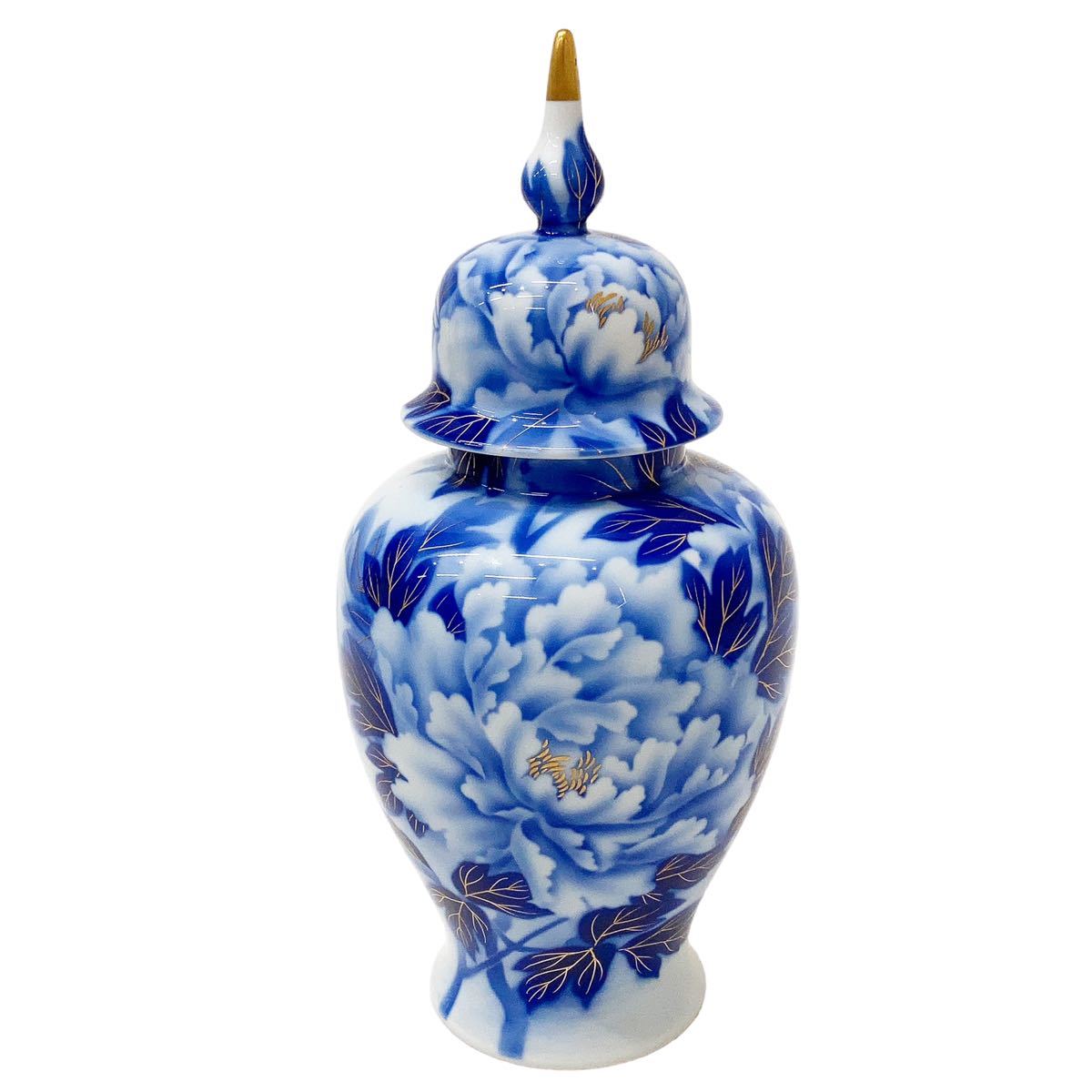 深川製磁 宮内庁御用達 染付 金彩 牡丹冠付 オールド 花瓶 飾り花瓶 沈香