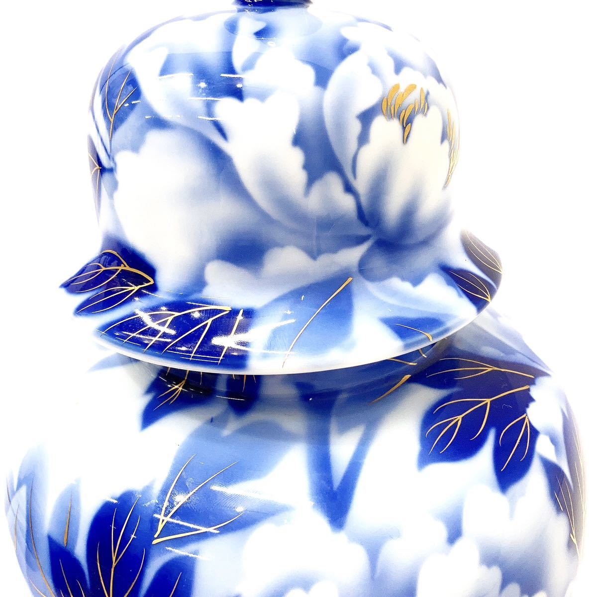 深川製磁 宮内庁御用達 染付 金彩 牡丹冠付 オールド 花瓶 飾り花瓶 沈香