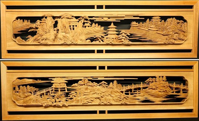 ◆近江八景　井波彫刻１枚 ◆分厚い彫刻欄間　幅130㎝　両面透かし彫り　② ☆成桂☆井波彫刻 大院刀 細密木彫近江八景文 神代杉枠欄間一対 厚み
