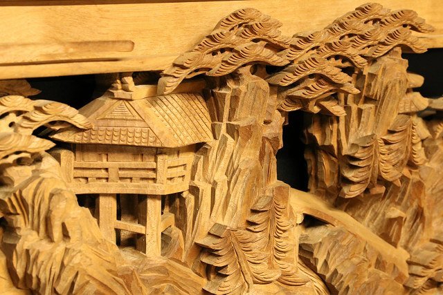 ☆成桂☆井波彫刻 大院刀 細密木彫近江八景文 神代杉枠欄間一対 厚み