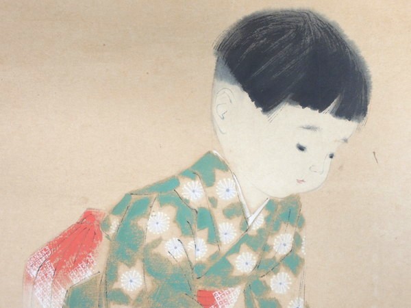 真作/田中針水/「童子と金魚」/日本画/約8号/掛軸/掛け軸/捲り/マクリ