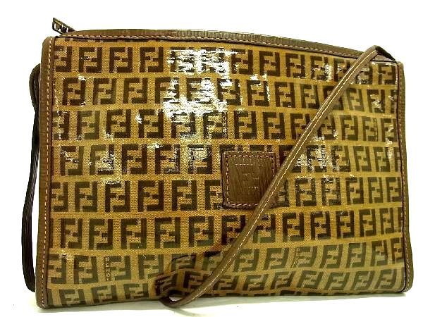 1円 FENDI フェンディ ヴィンテージ ズッカ柄 ズッキーノ PVC ショルダーバッグ ポシェット クロスボディ レディース ブラウン系 AN3582
