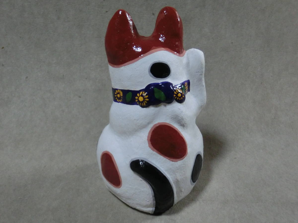 三河招き猫 郷土玩具 三毛猫 土人形 土鈴 昭和レトロ 縁起物 16.5cm