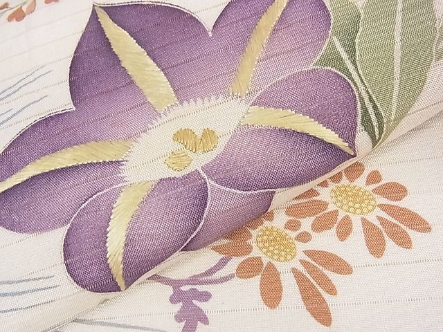 平和屋着物◎六通柄袋帯 刺繍 駒刺繍 流水草花文 銀糸 銀