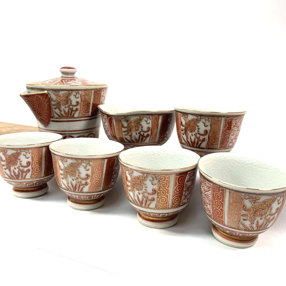 N□九谷焼 煎茶器揃 【長生 得山堂】小さめ 宝瓶/湯冷/ 湯呑 煎茶道具