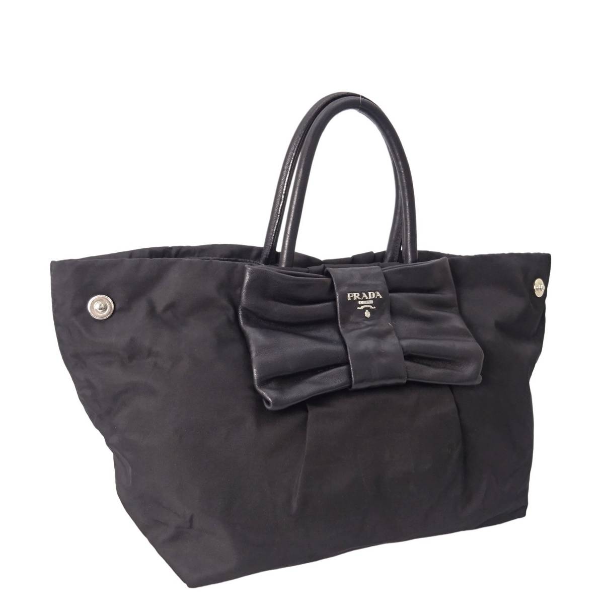 リボン PRADA トートバッグ プラダ ナイロン 黒 レザー - PRADA(プラダ