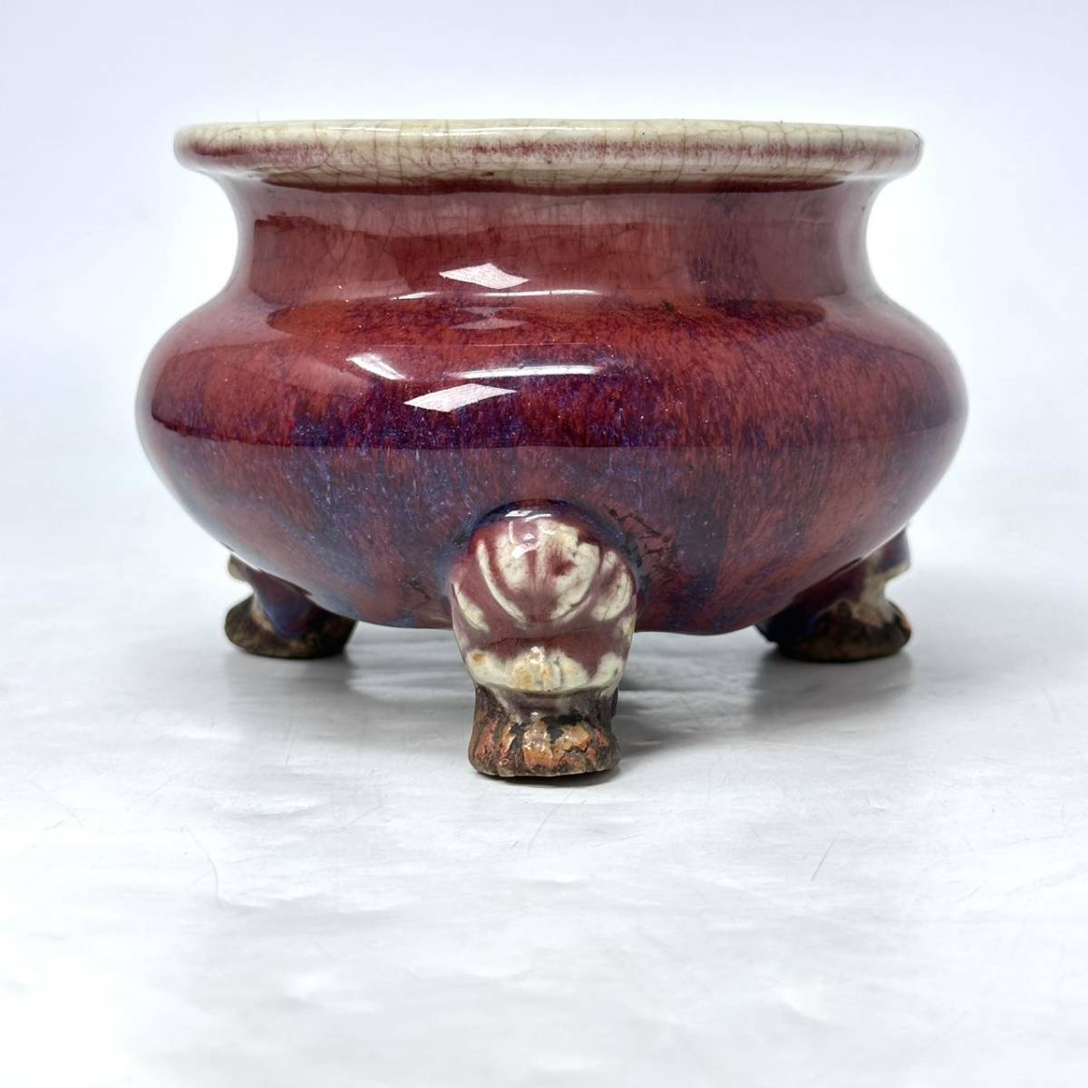 時代物 旧家整理品 清朝期 辰砂釉 三獣足香炉 古物保証 傷有 中国美術 