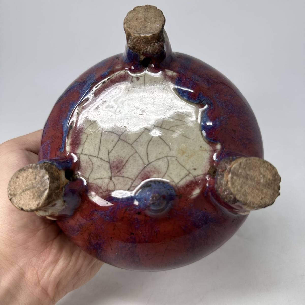 時代物 旧家整理品 清朝期 辰砂釉 三獣足香炉 古物保証 傷有 中国美術 