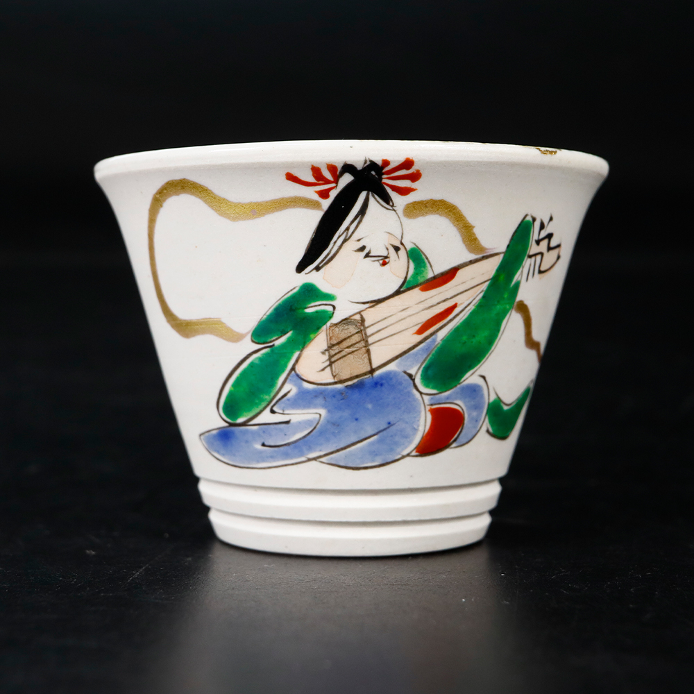 時代 色絵 萬古焼 碗 5客 万古焼 煎茶碗 五客 萬古焼 花鳥色絵金彩