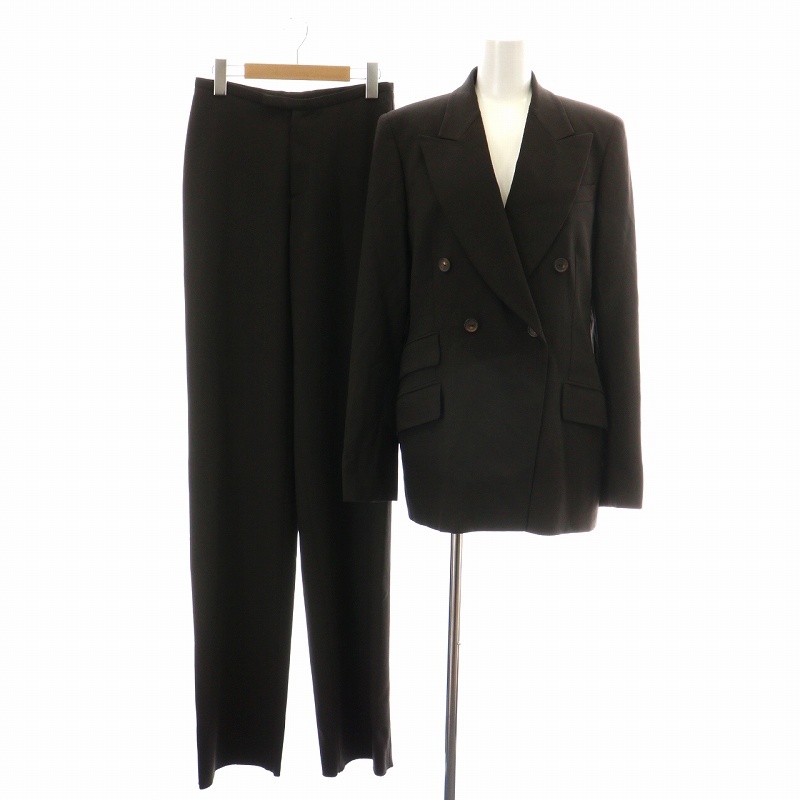 グッチ スーツ セットアップ 上下 テーラードジャケット ダブル 総裏地 サイドベンツ パンツ スラックス ウール 40 S ダークブラウン