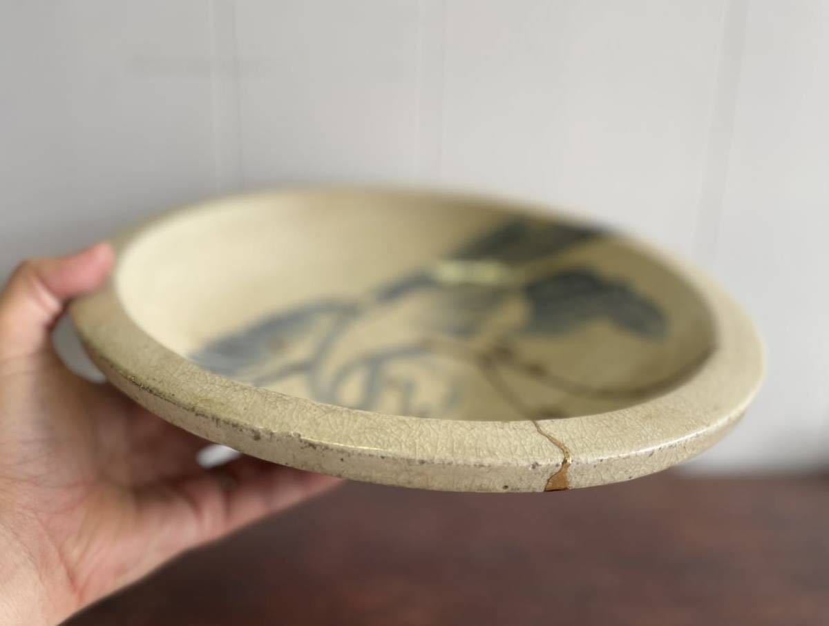うぶだし 超珍品 江戸時代 古瀬戸石皿 豪快に書かれた鶴の絵付け 古民 