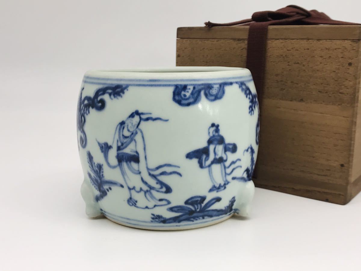 明代 人物染付 香炉 中国古陶磁 骨董品 香道具 明代 染付人物文香炉 箱付 中国美術 染付 唐物 中国古