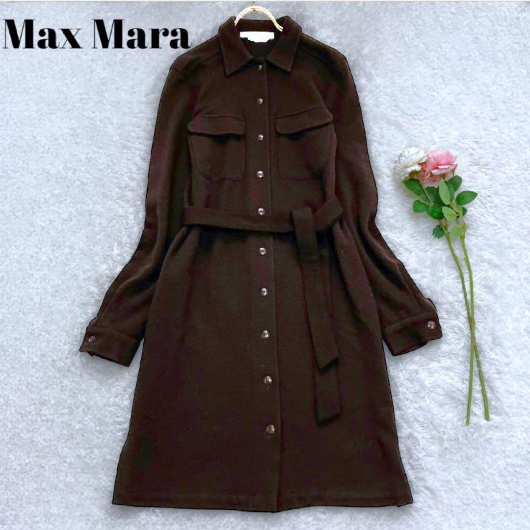 再再値下げ極美品MAXMARA白タグ☆ダークネイビーワンピースシルク100%42 マックスマーラ 最高級白タグ シャツワンピース ドレス ベルト