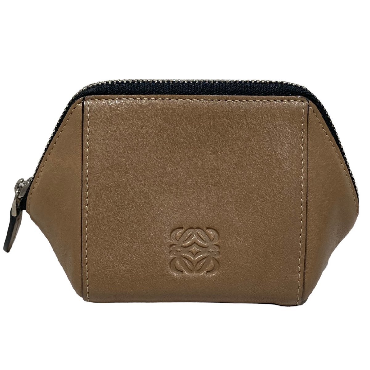 LOEWE ロエベ 15年製 アナグラム ラウンドファスナー ポーチ コインケース レザー ブラウン系 保存袋付き