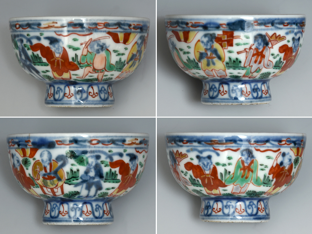 中国美術 銘「大明萬暦年製」色絵人物に龍文 煎茶椀5客 時代箱 煎茶器