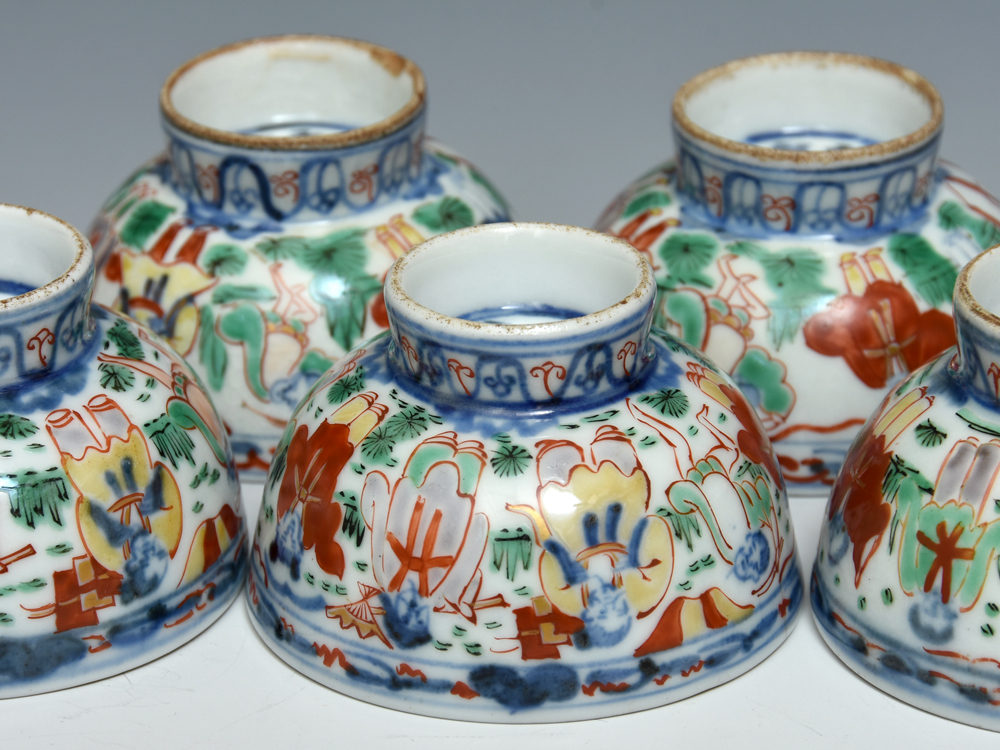 中国美術 銘「大明萬暦年製」色絵人物に龍文 煎茶椀5客 時代箱 煎茶器