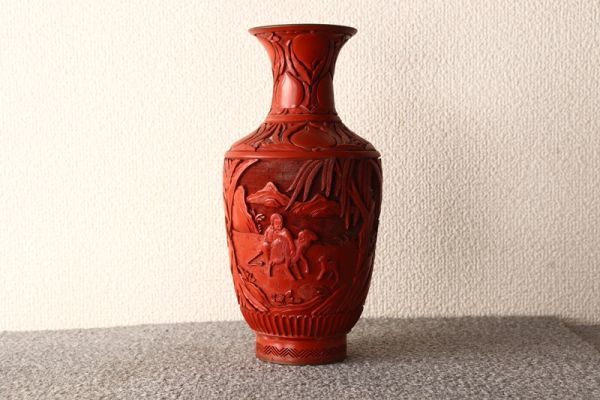 【氷】中国古玩 堆朱 漆彫 民国期 人物図 内七宝 花瓶 花器 初だし E221