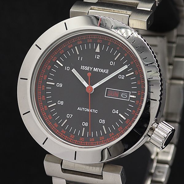 1円 稼働 新品同様 和田智デザイン イッセイミヤケ AT/自動巻 NH36-0010 デイデイト ラウンド 裏スケ 黒文字盤 メンズ腕時計 3790100STU