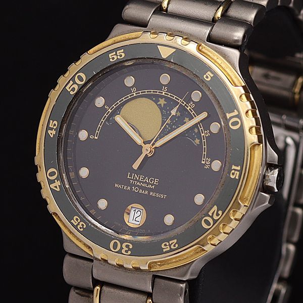 1円 稼働 良品 カシオ QZ LIN-330W リニエージ 黒文字盤 チタン デイト ムーンフェイズ メンズ腕時計 XYZ6345000KYM