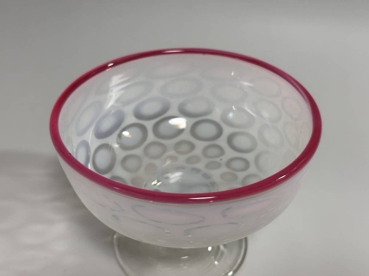大正ガラス ウランガラス 赤縁 乳白色 水玉模様 氷コップ アイス