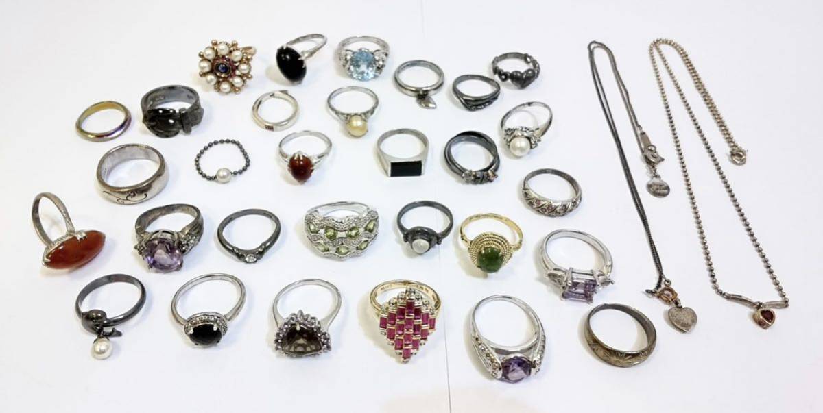 3008 ☆ 1円スタート☆ 指輪 リング 30点 ネックレス 2点 SV SILVER 925 刻印 石 ストーン 色石 シルバー デザインリング まとめ