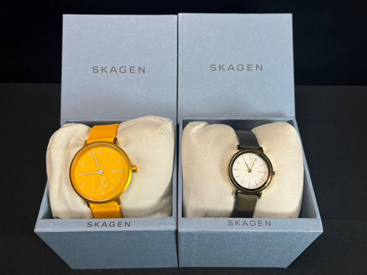 △26-60 SKAGEN スカーゲン 腕時計 2本 箱付 AAREN SKW2808 イエロー HALD SKW2495 オリーブ シリコン レザー デンマーク クオーツ 現状品