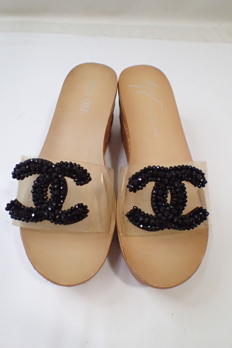 k3836 / CHANEL シャネル サンダル 24.0㎝ ロゴ ココマーク レディース ビニール クリア ビーズ ブラック 黒 ヒール 厚底 現状品