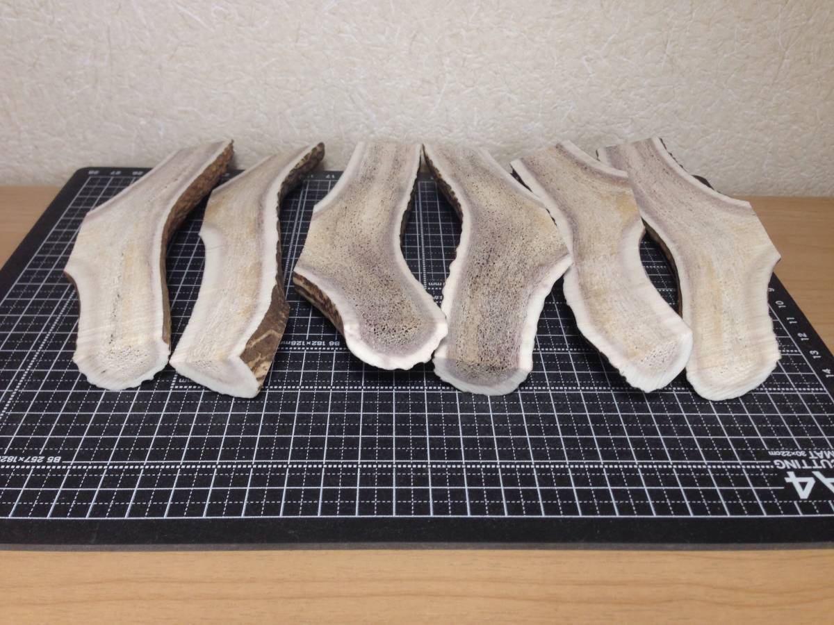 ７-169＊『半割りプレート６点セット』＊蝦夷鹿＊鹿角＊根付け＊タモ＊ナイフ＊柄＊鹿の角＊犬＊シカ＊エゾシカ