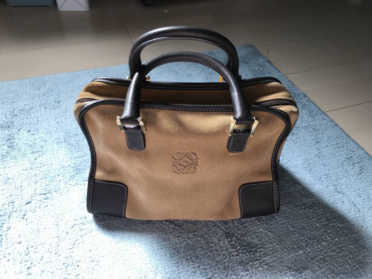 美品ヴィンテージ★LOEWEロエベ　アナグラム　アマソナ28　スウェード　ハンドバッグ　ミニボストンベージュ