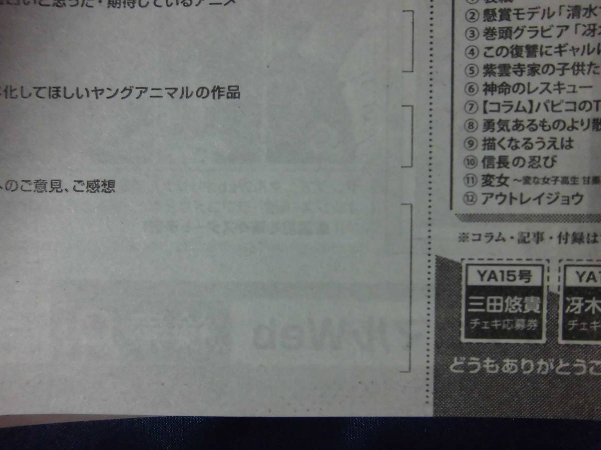 ヤングアニマル 8月11日 15号 三田悠貴 のチェキ が当る 応募券  