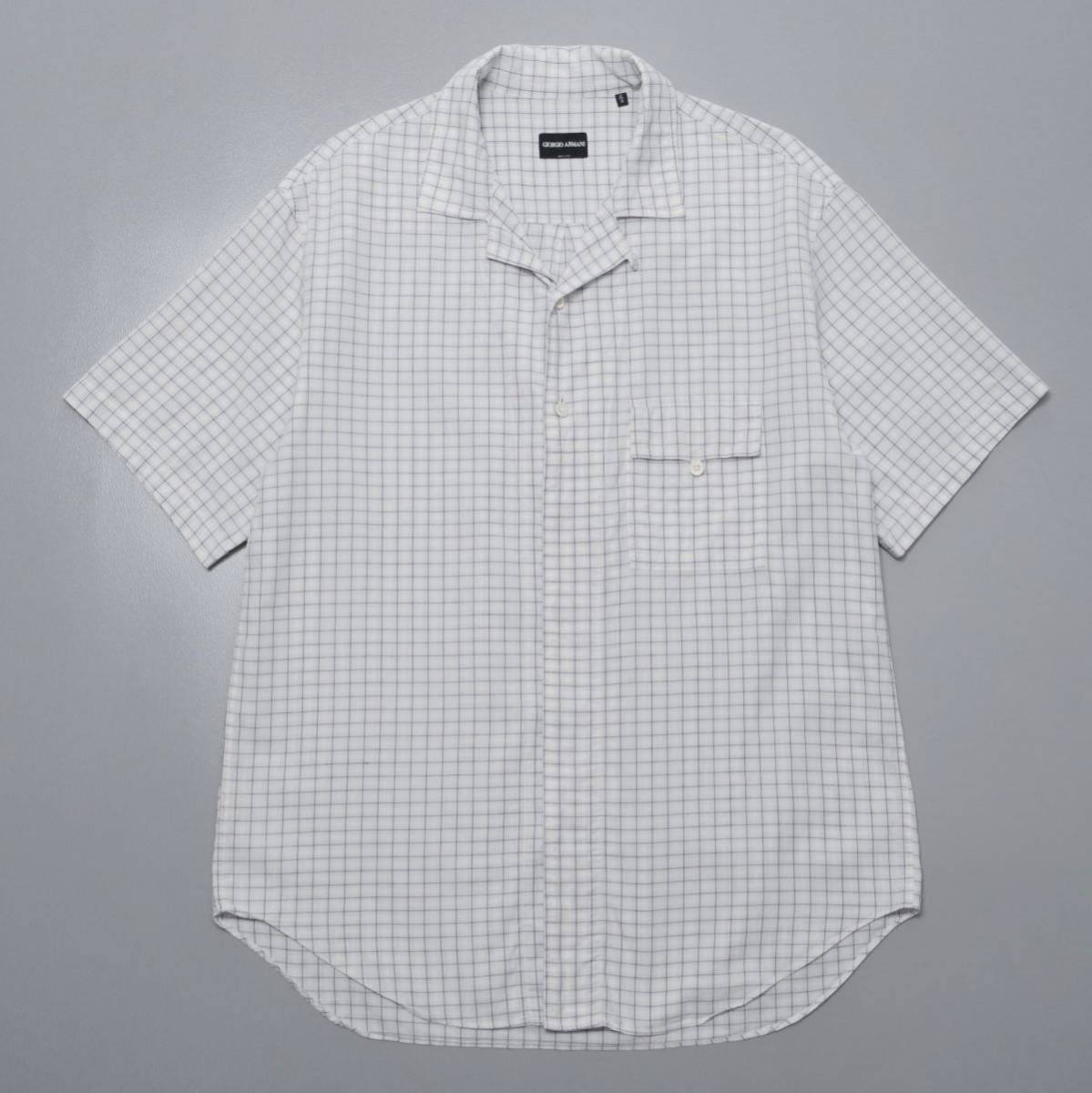 W0654▽イタリア製 ジョルジオアルマーニ 黒タグ*メンズ41/16 チェックシャツ 半袖シャツ オープンカラーシャツ*ホワイト×ネイビー系