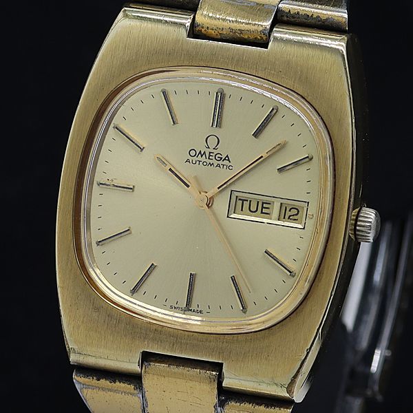 1円 オメガ AT/自動巻 アンティーク デイデイト スクエア ゴールド文字盤 メンズ腕時計 0091300STU