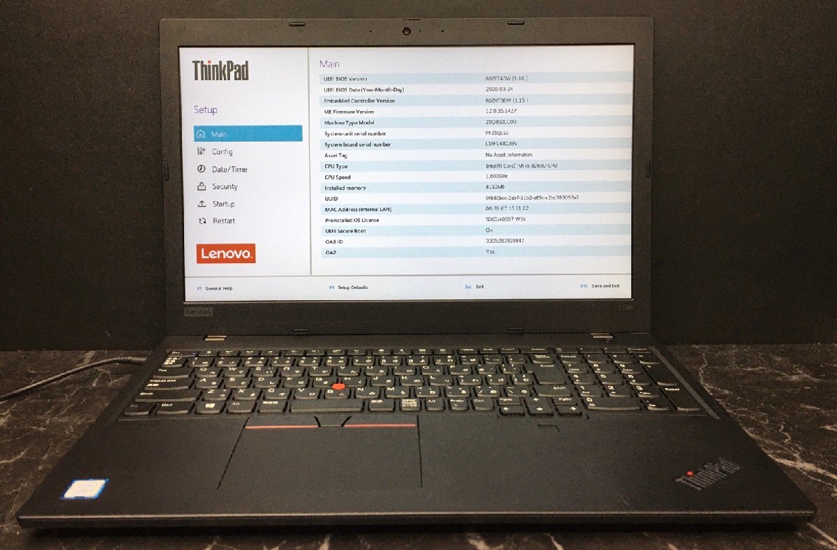 1円～ ■ジャンク LENOVO ThinkPad L590 / 第8世代 / Core i5 8265U 1.60GHz / メモリ 8GB / SSD 256GB / 15.6型 / OS無し / BIOS起動可