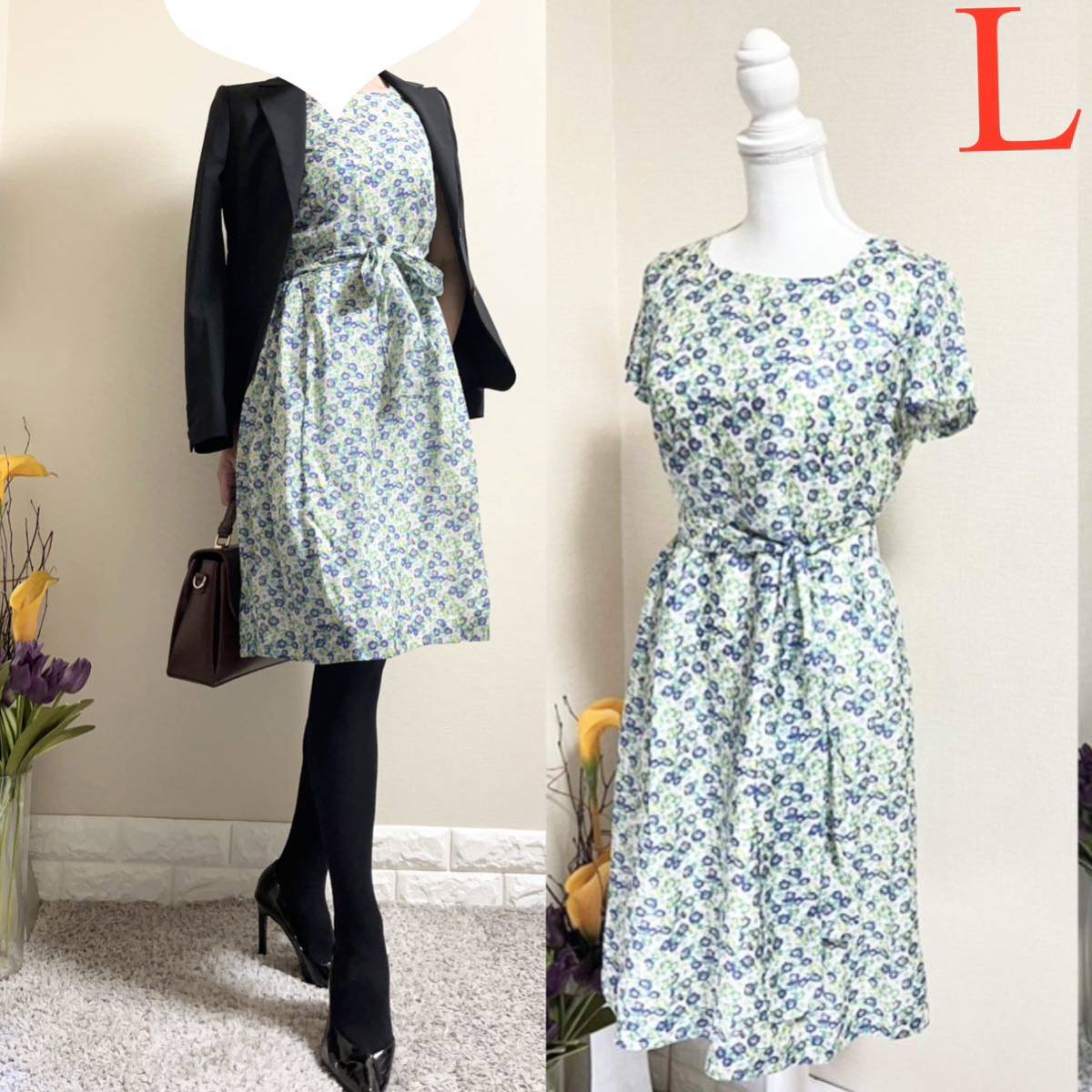 美品！銀座マギー ブルーセレステ　上質　リボン　花柄　ワンピース L maggy 40 フラワー　ウエストリボン　シルク