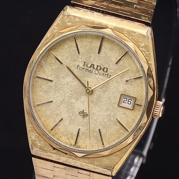 1円 稼働 良品 ラドー QZ 732.9003.2 フォーマルクオーツ デイト ゴールド文字盤 メンズ腕時計 XYZ 7716000YSD