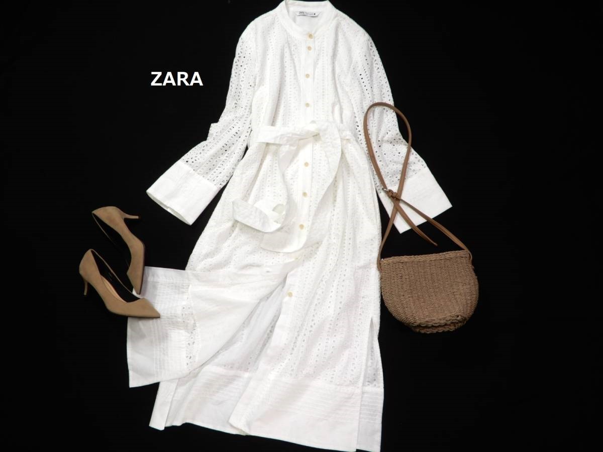 ZARA ザラ 大人素敵スタイル☆ コットン バンドカラー カットワーク刺繍 ウエストマーク ロングマキシシャツワンピース S