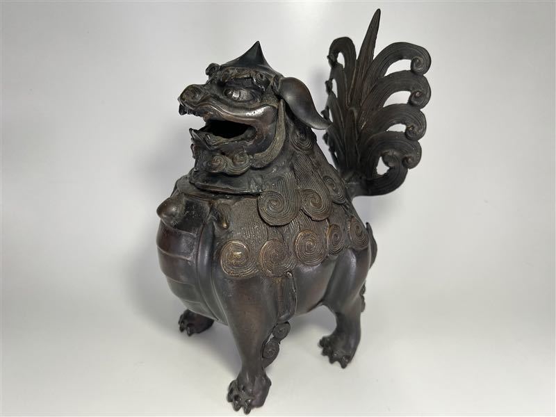 078 時代物 古銅 獅子 香炉 高24.7cm 重2459g 唐物 銅製 置物 香道具
