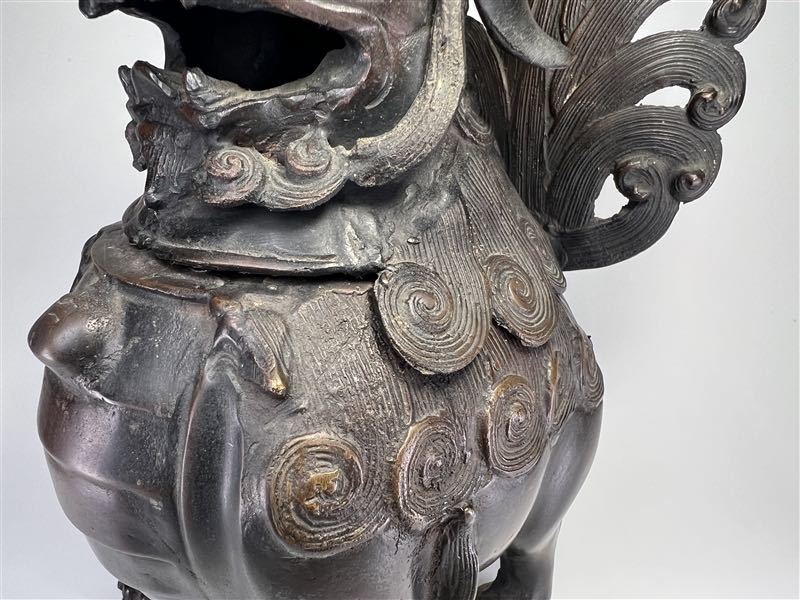 078 時代物 古銅 獅子 香炉 高24.7cm 重2459g 唐物 銅製 置物 香道具